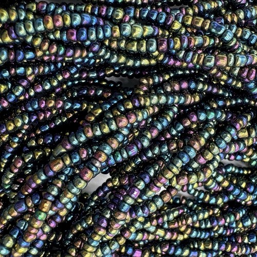 Jet Black Rainbow Glass Seed Bead Braided Necklace Lariat Mystic Peacock 54" - Picture 2 of 17