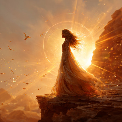 Golden Goddess On Cliff - Fantasy Sunset Digital Wallpaper, Ethereal Woman Art