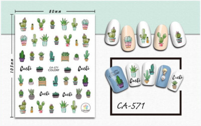 Nail art 3D stickers decal green cacti of different types in a pot CA571