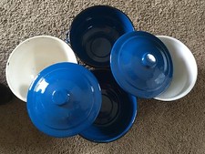 vintage cobalt blue enamelware lot 2 bowls and 2 pots w/ lids