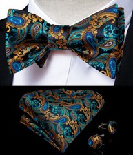 Self-Tie Bowtie, Hanky,  Cufflinks: Blue, Green,  Gold Paisley 
