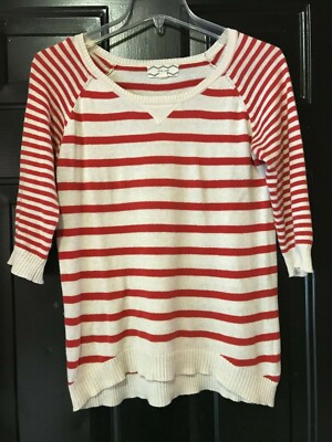 PINK ROSE Orange Ivory Off White Striped 3/4 Sleeve Hi Low Knit Cotton Top S