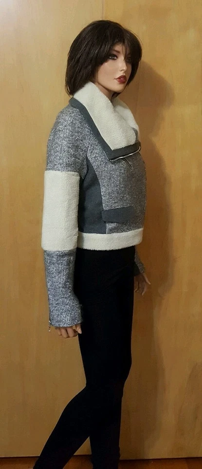 WOMENS CYNTHIA STEFFE TWEED WOOL ALPACA WOOL GRAY/CREAM MILITARY BIKER JACKET ~8 - Image 3 of 4