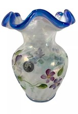 Fenton 95th Anniv Vase French Opalescent Swirl Blue Scalloped Rim Purple Flowers