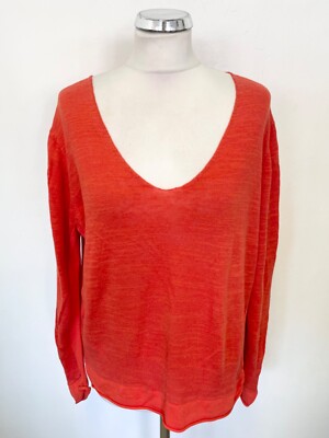 JIGSAW CORAL LINEN COTTON MIX V NECK LONG SLEEVED JUMPER SIZE L UK