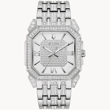 Bulova Men's Crystal Quartz Gemmed Silver Stainless Steel Watch 40 MM 96A285
