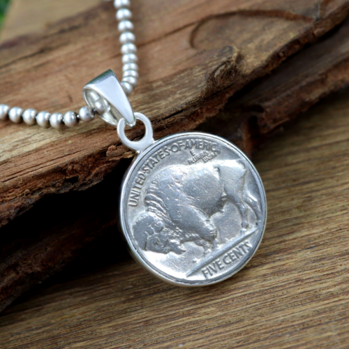 US 1934 Coin Five Cents Indian Head Buffalo Nickel 925 Sterling Silver Pendant - Afbeelding 1 van 8