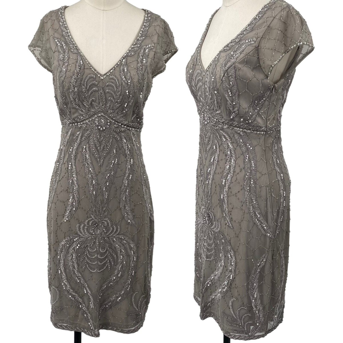Sue Wong Beaded Sheath Dress Embroidered V Neck Cap Sleeve Platinum Silver  NEW 6