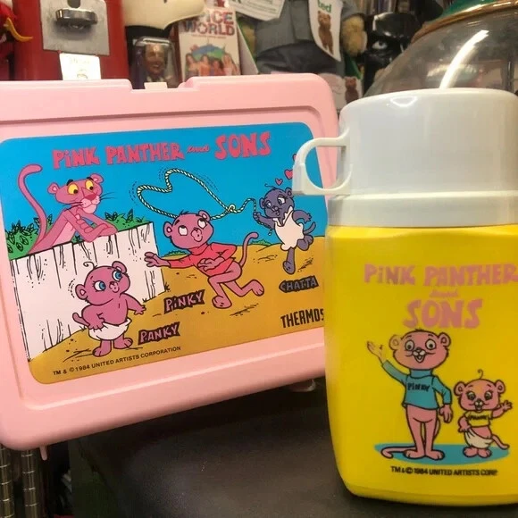 VINTAGE 1984 Pink Panther Metal Lunchbox WITH THERMOS In
