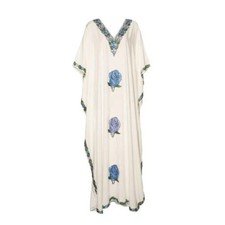 Kaftan Dress White with Blue Roses