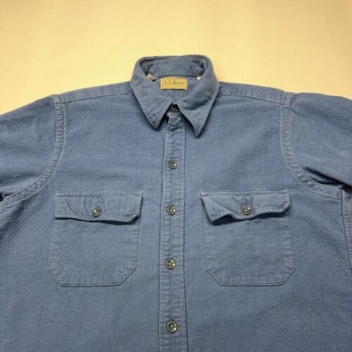 VTG LL Bean Flannel Shirt Mens Medium 15.5 Blue Chamois Cloth Button Up Retro - Picture 3 of 21