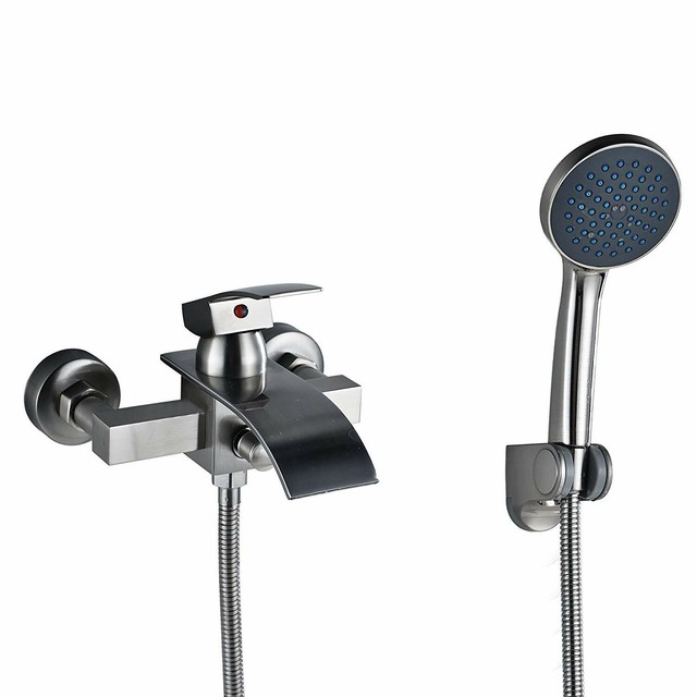 Brushed Nickel Waterfall Tub Spout Shower Faucet W Sprayer Mixer