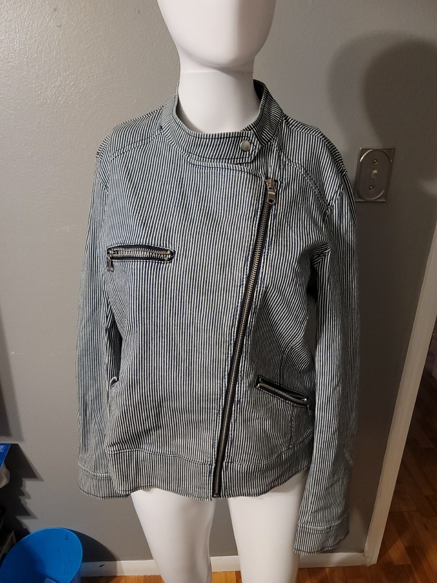 BANANA REPUBLIC ホワイトストライプジャケット Banana Republic Moto Jacket Women M Stripe Blue White Zip