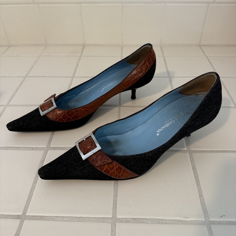 Dolce & Gabbana Vintage Women’s Heels Kitten Leather Size 38 7 Black Blue Brown