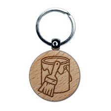 Paint Can with Brush Engraved Wood Round Keychain Tag Charm