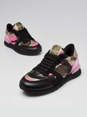 Valentino Black/Pink Camo Print Leather and Suede Rockstud