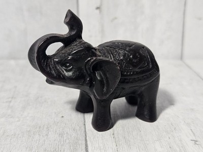 Black Elephant Figurine Mini Lucky Trunk Up Hand Carved Resin 2  Tall Trinket 