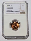 1958-P Lincoln Wheat Cent, NGC Graded MS66 RD, Final Year Gem "Wheatie"