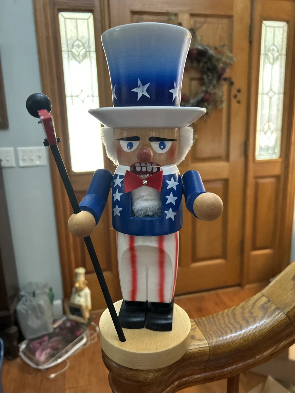 STEINBACH CHUBBY UNCLE SAM NUTCRACKER HOLDING AMERICAN FLAG STAMPED vintage