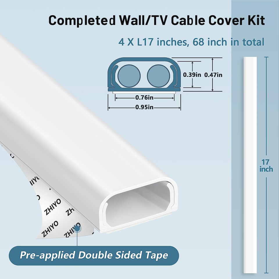 Cable Raceway Cord Cover Kit 68in Wire Hider Concealer for Wall Mounted ...