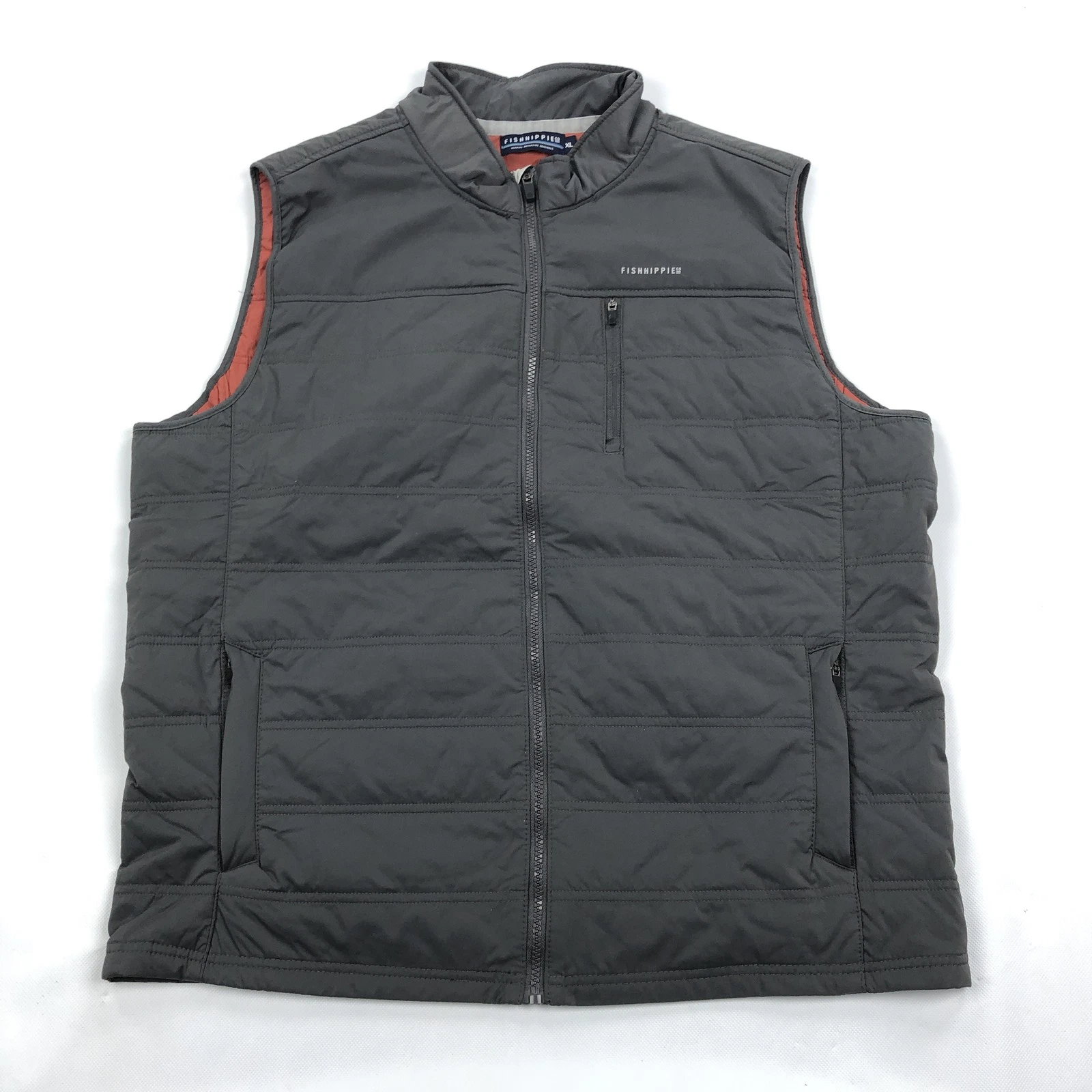 FISHHIPPIE CO Men's XL Quilted Puffer Vest Full Zip Gray Orange Sleeveless