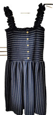 Girls Rare Editions Dress Size 14 Navy Blue Striped Smocked Ruffle Straps Summer