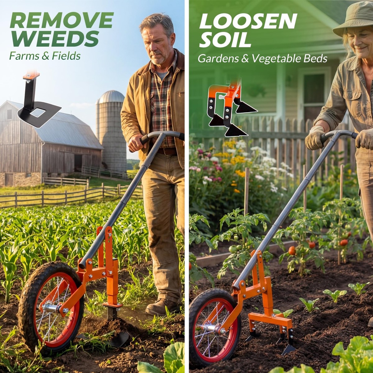 2-in-1 Manual Wheel Hoe Garden Cultivator, Push Plow with