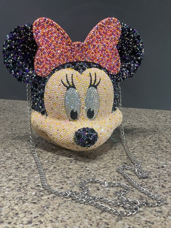 One of a kind * hand bedazzled Minnie Mouse popcorn bucket with strap 
