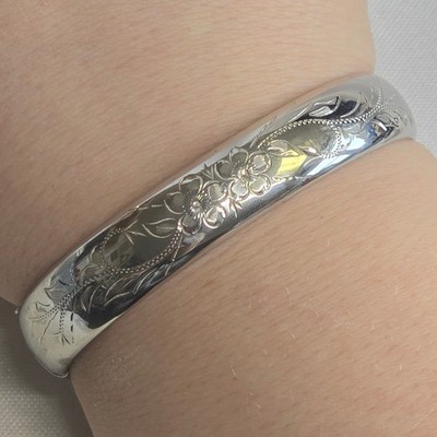 Vtg Sterling Silver H.F.B Bangle 15.97g Fine Jewelry 7'' Etched Floral Design
