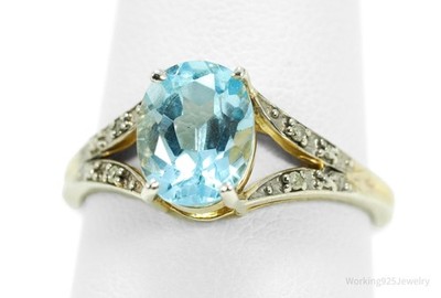 Vintage Blautopas & Diamant Goldwäsche Sterlingsilber Ring-Größe 8