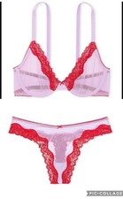 Victoria  s Secret Lace Trim Unlined Demi Bra  Thong Panty Set Valentines 36D M