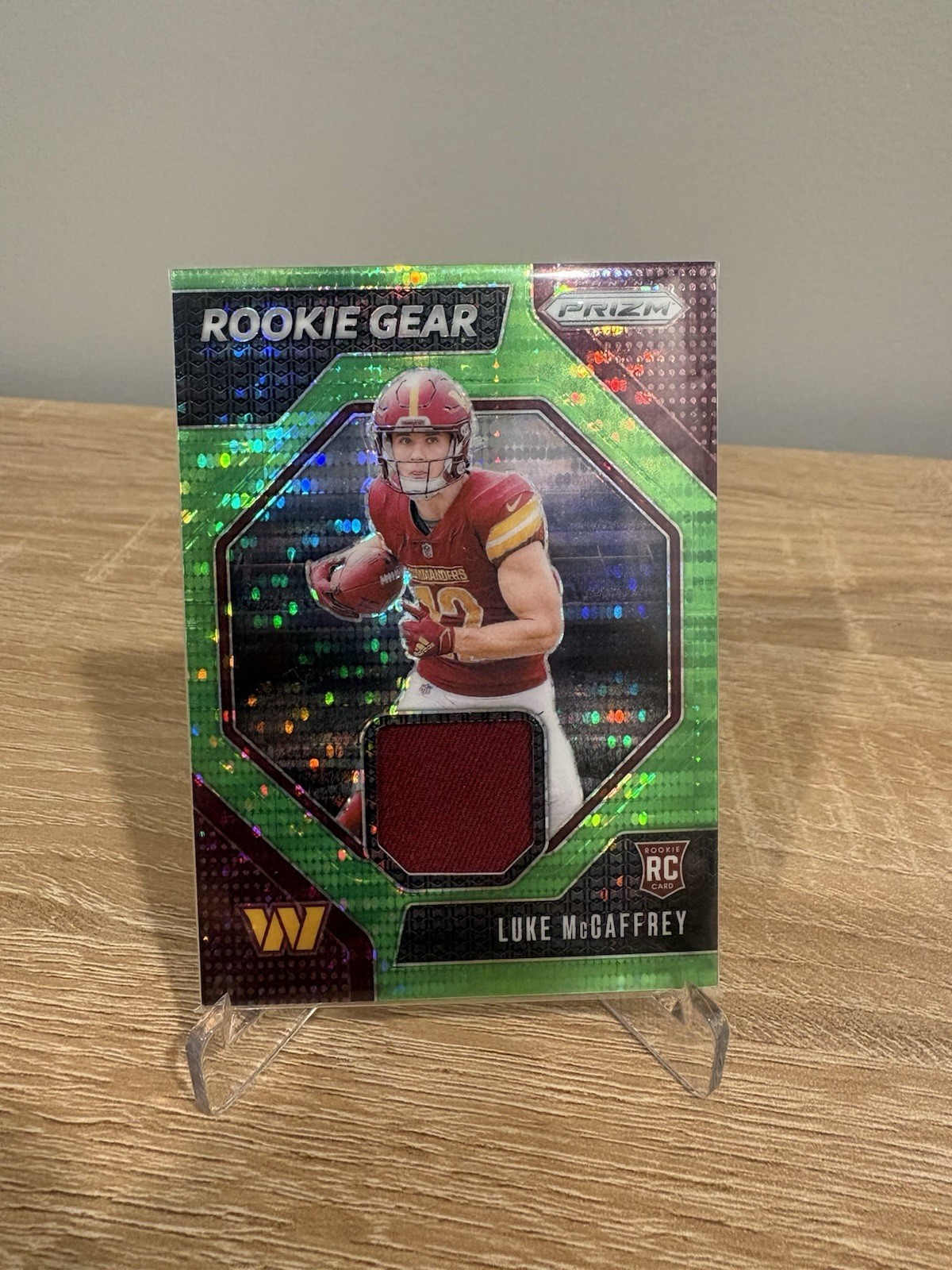 Luke McCaffrey Panini Prizm Rookie Gear #RGLMY Neon Green Pulsar