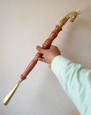 Solid Brass Shoe Horn Wood Golden Horse Face Handle 21" Long Handle Dressing Aid