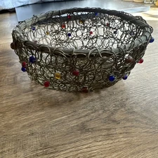 Boho Brass Metal Wire Basket Handmade Glass Beads Round Table Display Decor Vtg