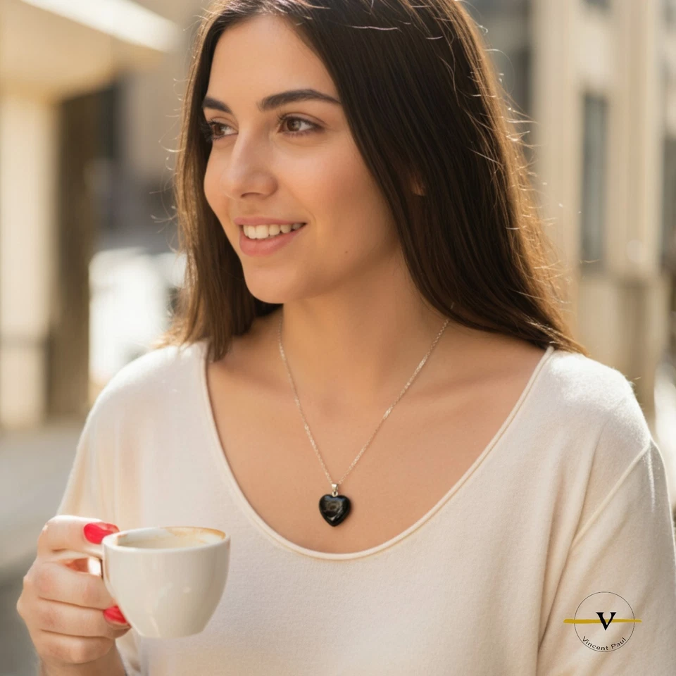 COLLANA DONNA ARGENTO 925 RODIATO PIETRA NATURALE OSSIDIANA NERA FORMA DI CUORE - Immagine 2 di 4