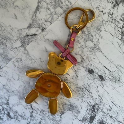 PRADA Bear Keychain Bag Charm Leather Logo Used Authentic