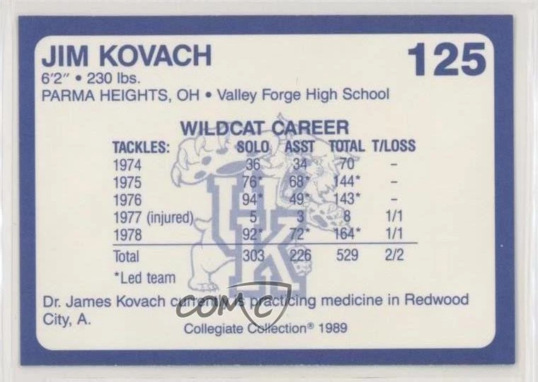 1989 Collegiate Collection Kentucky Wildcats Kentucky's Finest Jim Kovach #125 - Image 2 of 2