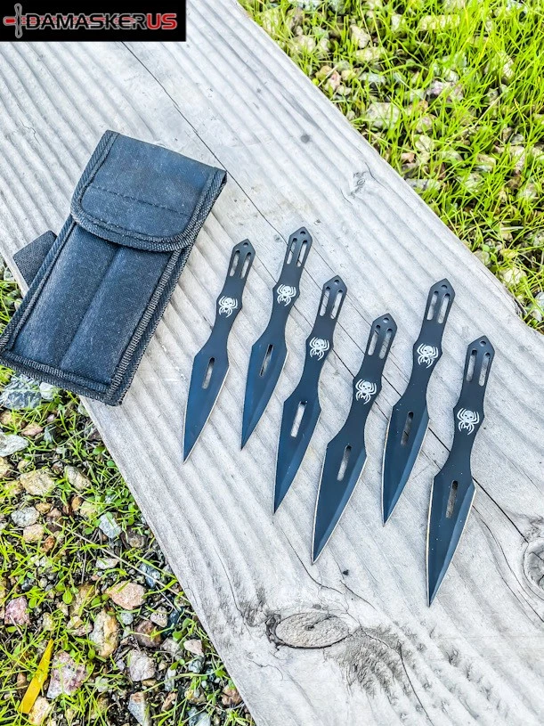 DAMASKERUS 6pc Black Throwing Knives Set with Pouch 5.5" Full Tang Knife New