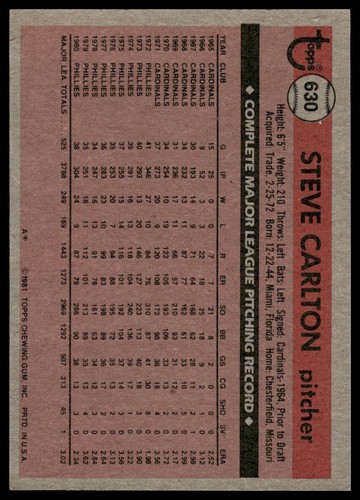 1981 Topps #630 Steve Carlton Philadelphia Phillies Baseball - Bild 2 von 2