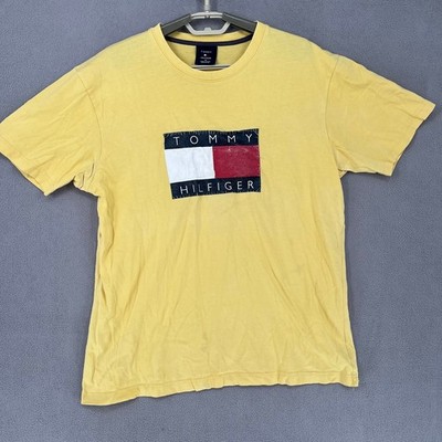 Tommy Hilfiger Shirt Mens Medium Yellow Retro 80s 90s Short Logo Vintage Style