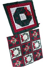 Handmade Log Cabin Christmas Wreath Quilt Wall Hanging or Table Topper Set 2 