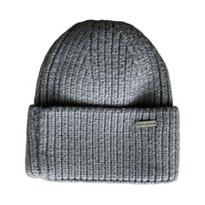 Steve Madden Gray Ribbed Knit Cuffed Beanie Logo Accent