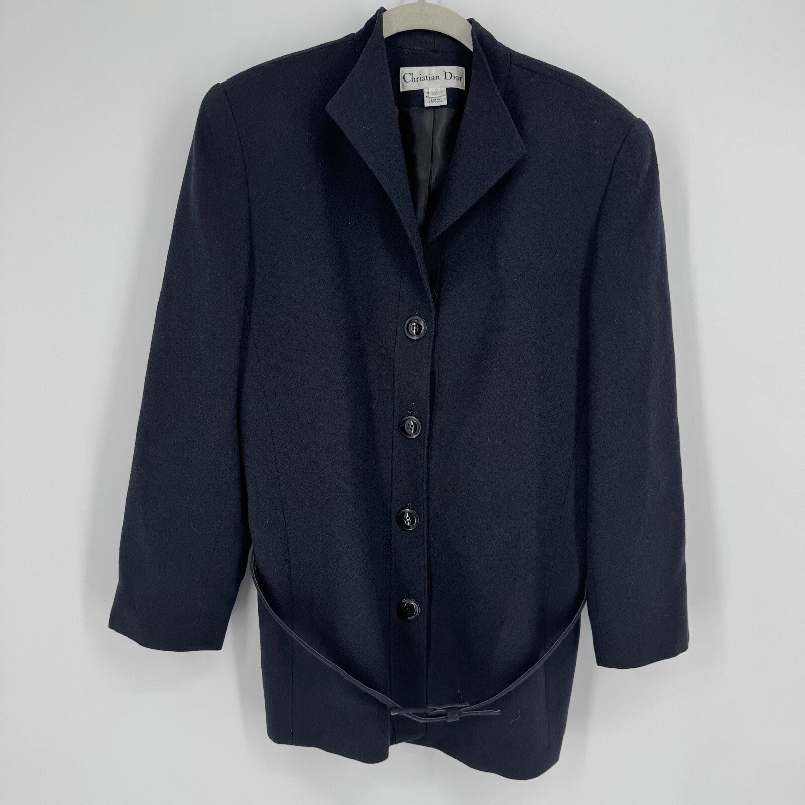 Blazer Christian Dior femme 12 bleu marine laine peignée ceinturée vintage académie