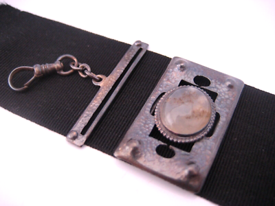 Antique Arts Crafts era Sterling Silver Quartz Cabochon Ribbon Watch Fob