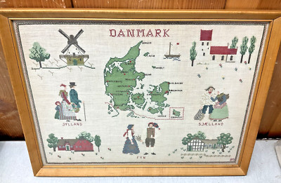 Vintage 1950s Danish Cross Stitch Folk Art Needle Point Embroidery Denmark Map