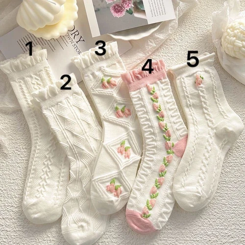 5 Pairs Girls Women Socks Floral Lace Cotton Lady Crew Socks