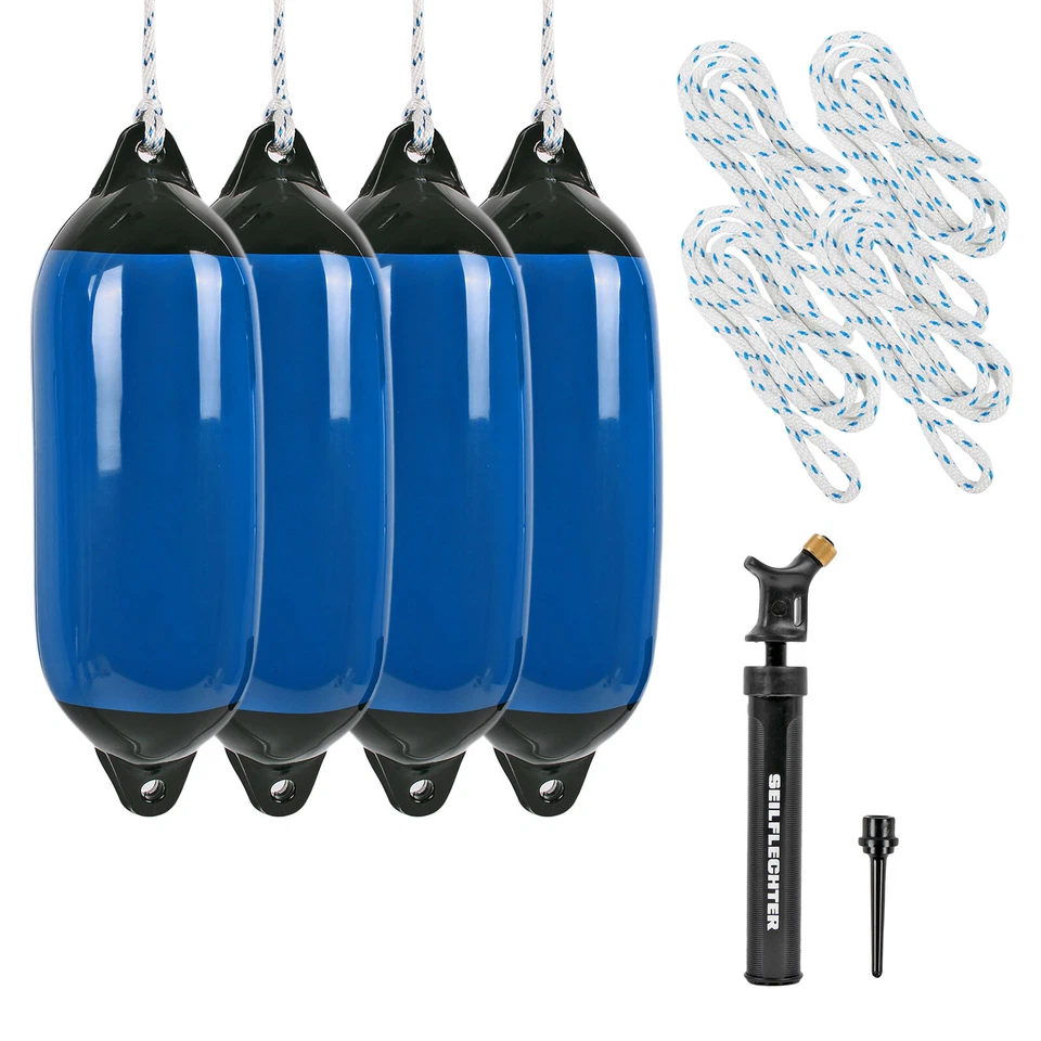 Marinefender 4er Set 150x580mm, blau inkl. Fenderpumpe und Federleine