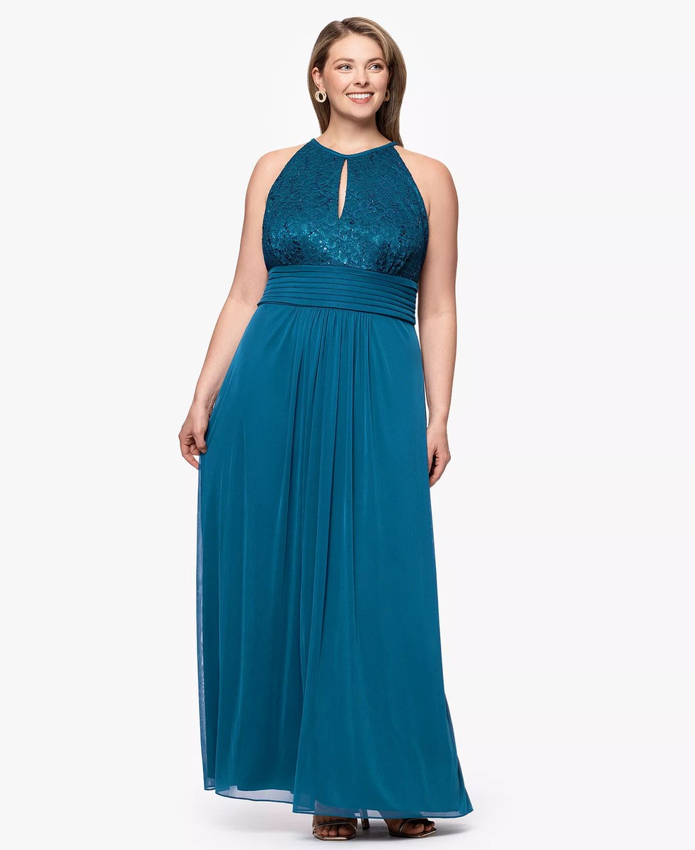 Betsy & Adam Plus Size Halter Gown Lace Sequin Teal 16W Pleated Keyhole Formal | eBay Betsy & Adam Plus Size Halter Gown Lace Sequin Teal 16W Pleated Keyhole Formal | eBay