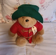 Vintage Plush Paddington Bear with Tag by Eden Toys Green Hat Red Coat 16  