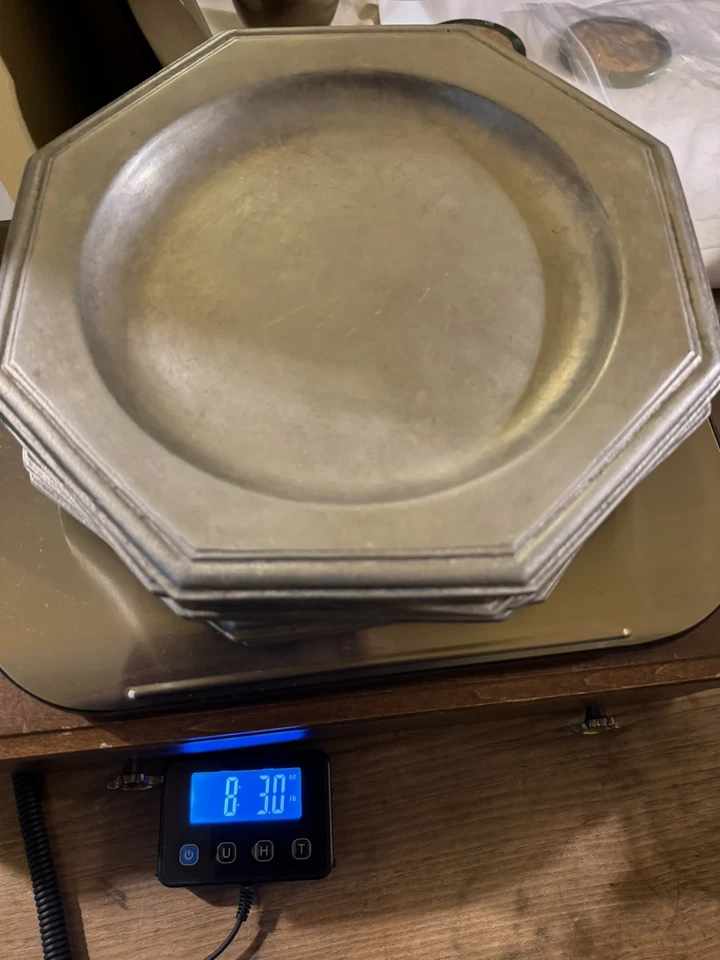 "Juego de 6 sellos de búho de colección años 70 Country Ware octágono 300 placa de peltre/cargador C 12""" Foto 2 de 4